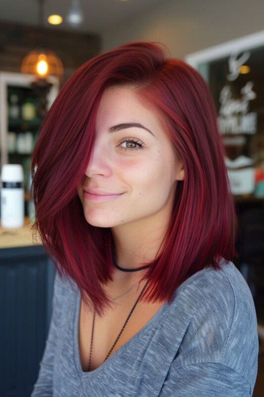 A woman with a burgundy long bob haircut.