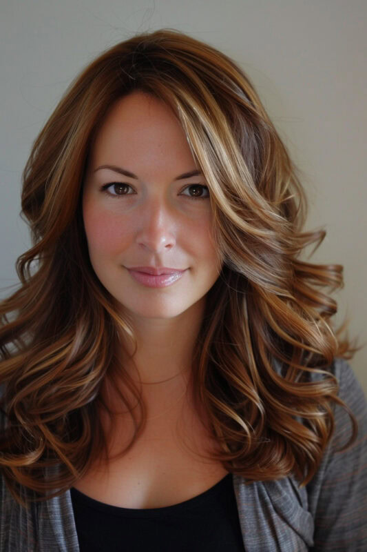 Woman with a caramel brown butterfly haircut long hair.