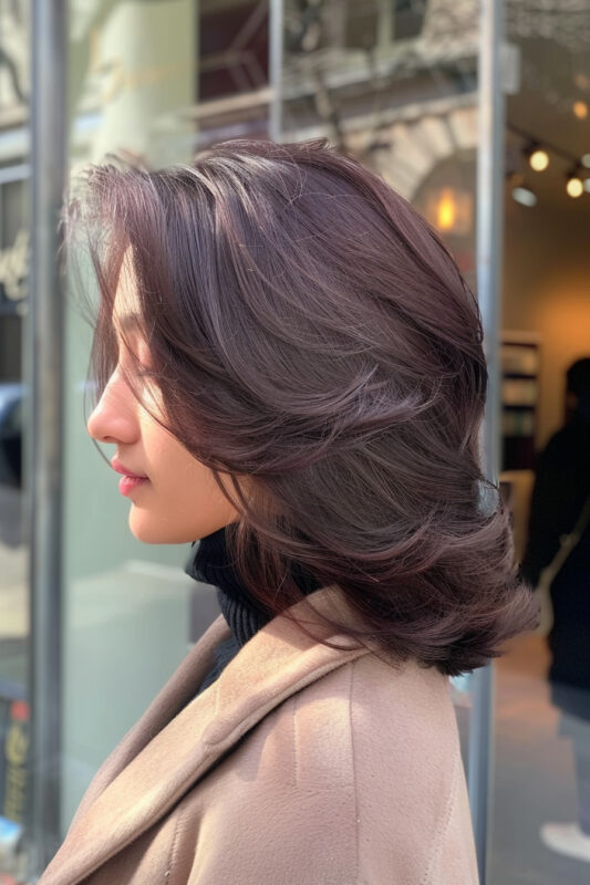 Woman with a chocolate brown butterfly haircut on shorter hair.