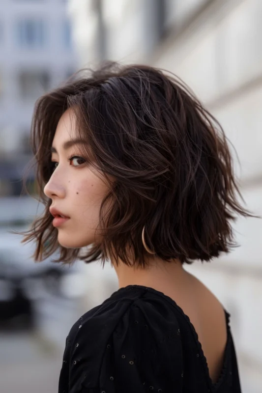 A woman with a choppy textured bob on brunette hair.