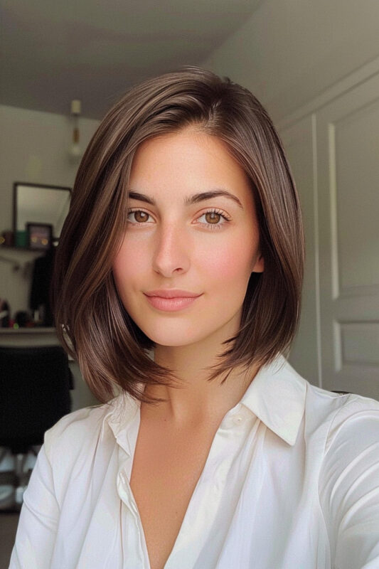 A woman with a classic bob cut on brown hair.