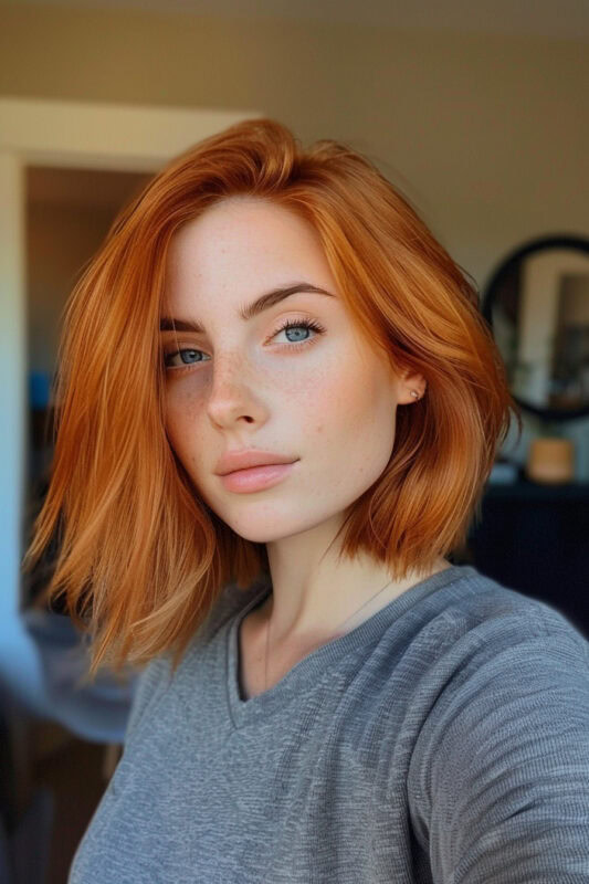 A woman with a copper bob hairstyle.