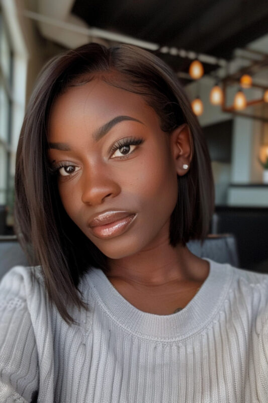 A woman with a dark brown blunt bob.