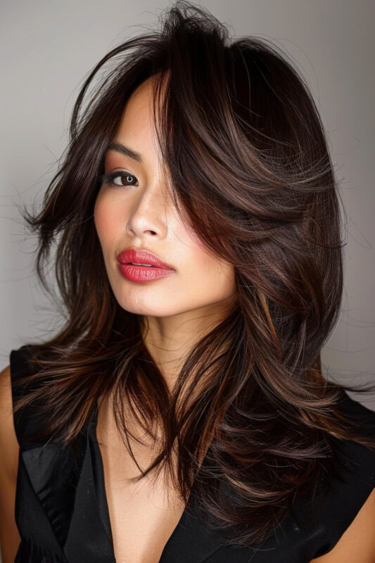 Woman with a dark brown butterfly haircut with bangs.