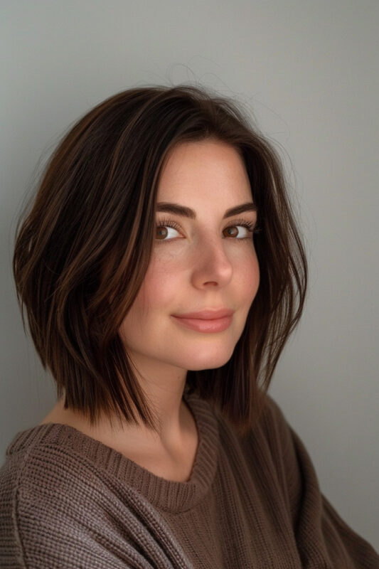 A woman with a bob cut on dark brown hair.