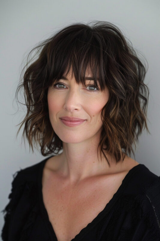 A woman with a dark brown textured bob with fringe.