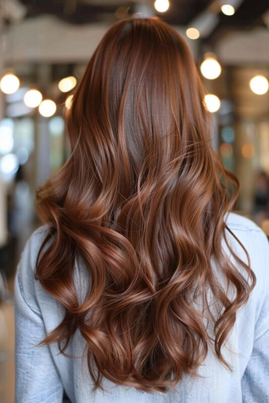 A woman with dark caramel brown hair color, a deep brown hue with warm caramel undertones.