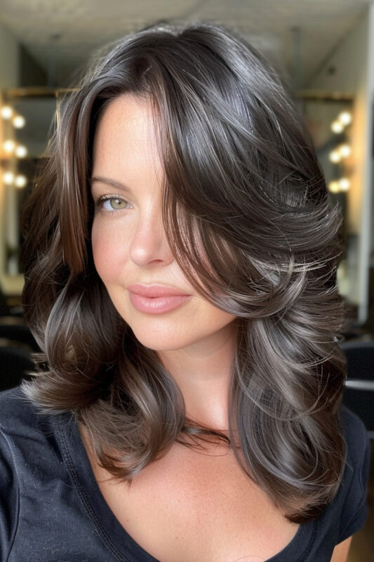 Woman with a dark chocolate brown butterfly haircut medium length.