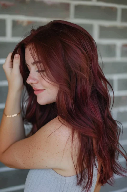 Woman with dark crimson red hair.