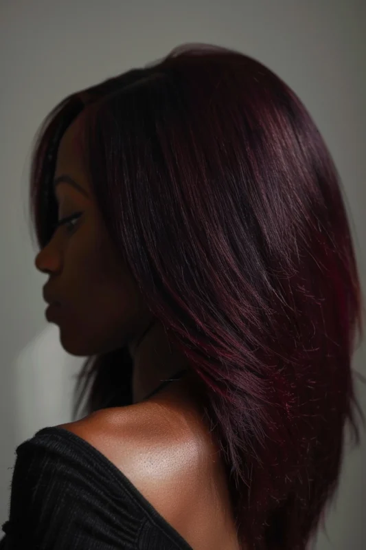 Woman with a dark merlot hair color