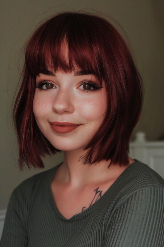 A woman with a deep red short bob with bangs.