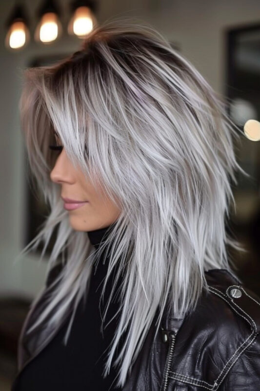 Woman with a textured silver shag haircut