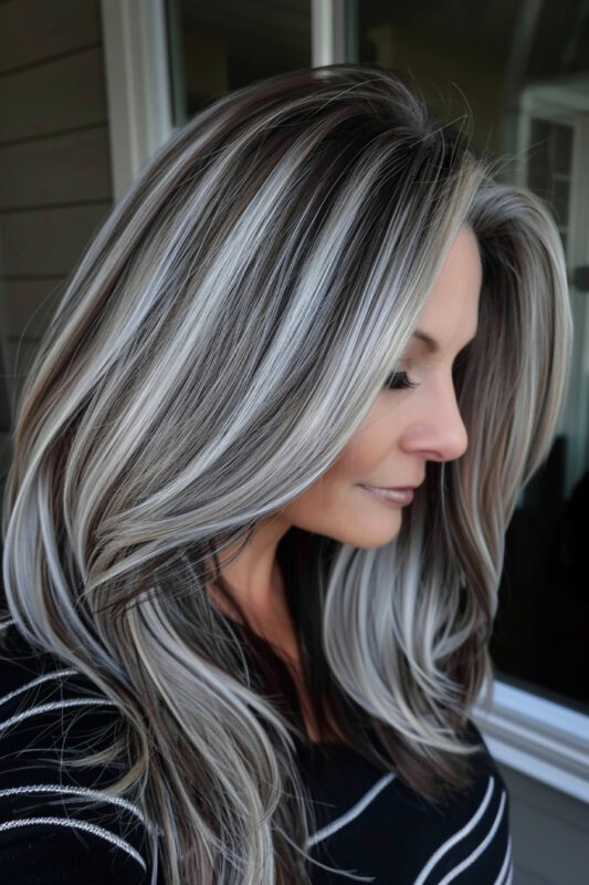 Woman with long dark hair featuring chunky gray, silver, and platinum highlights.