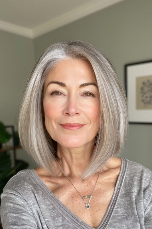 A woman with a grey bob haircut.