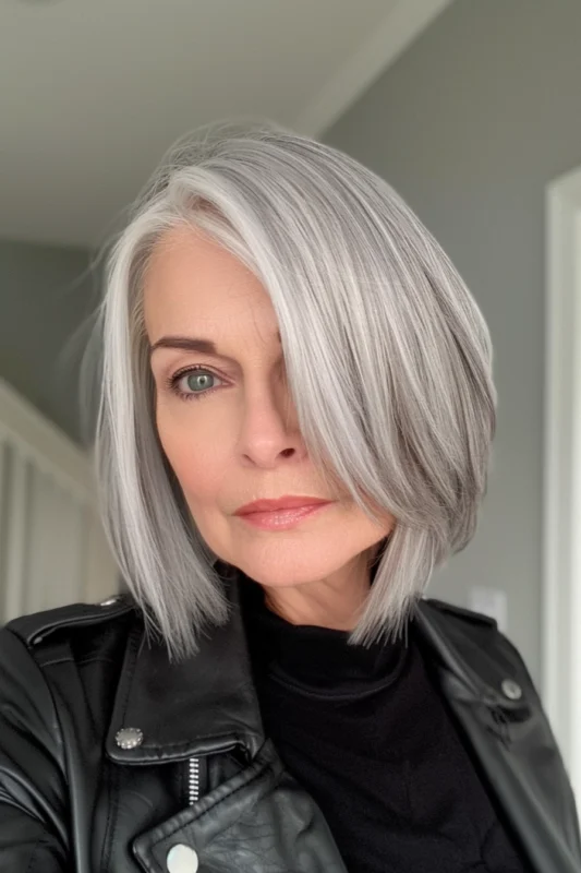 A woman with a short bob with natural grey hair.