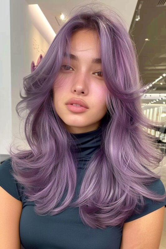 Woman with a lavender purple butterfly haircut with curtain bangs.