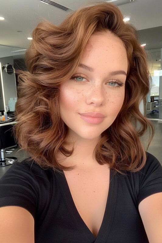 Woman with a light auburn brown butterfly bob haircut.