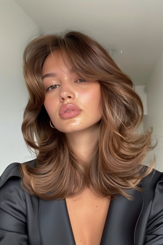 Woman with a light brown butterfly cut with bangs.