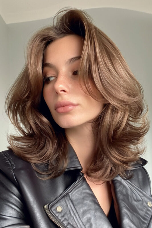 Woman with a light brown butterfly haircut unstyled.