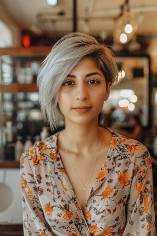 Woman with a long silver pixie cut