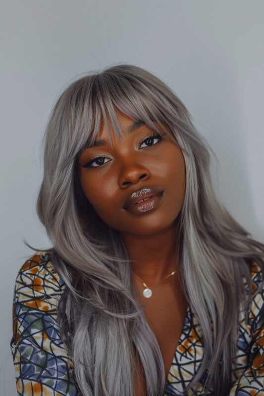 Woman with long silver hair and curtain bangs