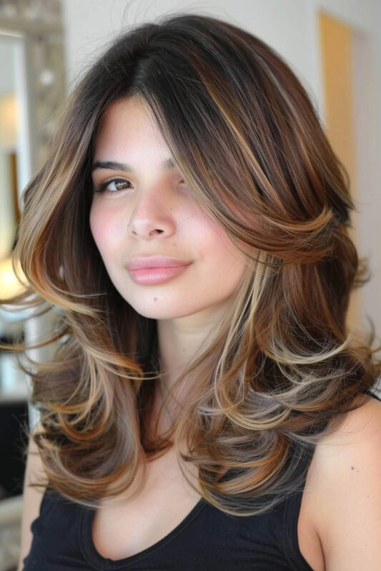 Woman with a medium length butterfly haircut on brown hair with highlights.