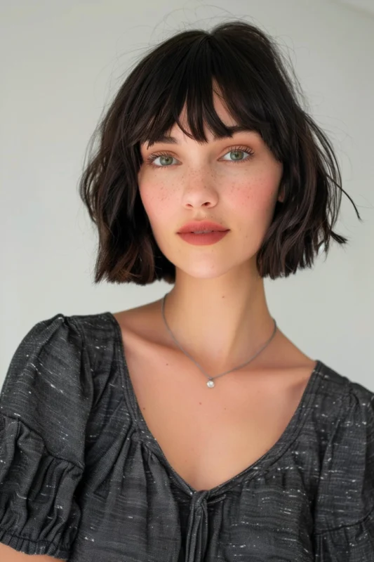 A woman with a messy French bob haircut on dark brown hair.