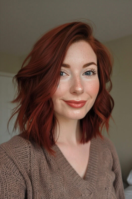 A woman with a natural wavy bob on ginger hair.