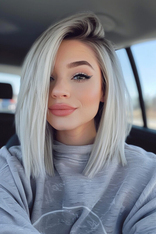 A woman with a platinum bob haircut with a shadow root.