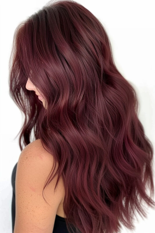 A woman with plum brown hair color, a dark brown base with rich, plum purple undertones.