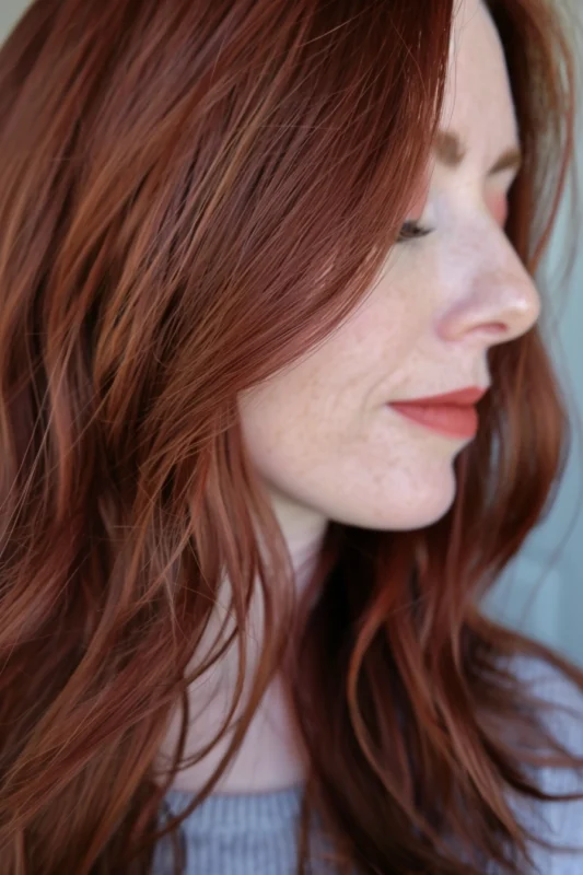 A woman with red brown hair color, a warm brown shade infused with subtle red tones.