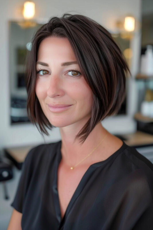 A woman with a short A-line bob haircut on dark brown hair.