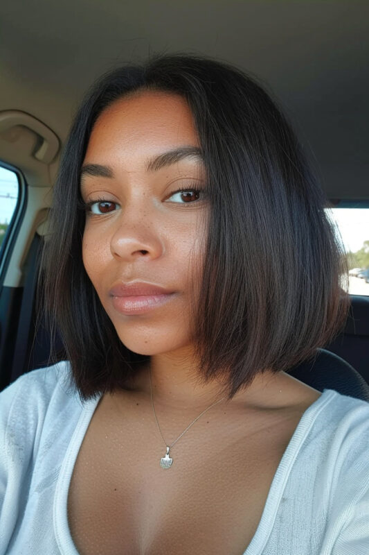 A woman with a short bob cut on black hair.