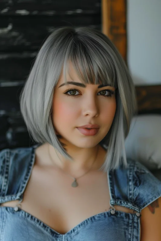 A woman with a short grey bob hair cut.