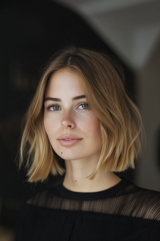 A woman with a short bob on dark blonde hair.