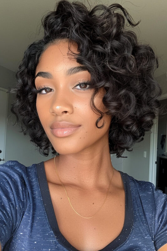 A woman with a short curly bob on brunette hair.