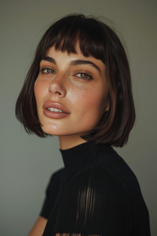 A woman with a short French bob with bangs on dark brown hair.