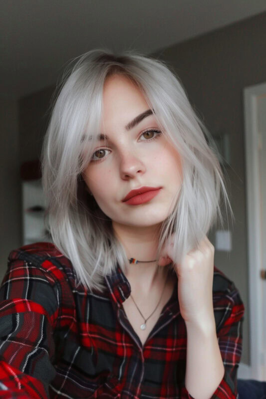 Woman with a sleek short silver bob.