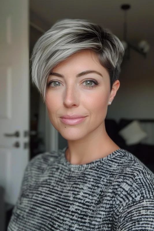 Woman with a short, asymmetrical platinum silver pixie haircut