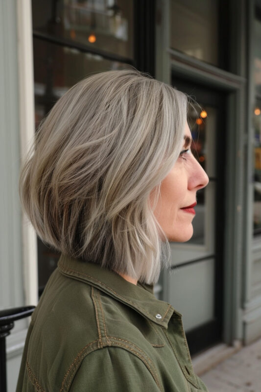 Woman with an asymmetrical silver bob.