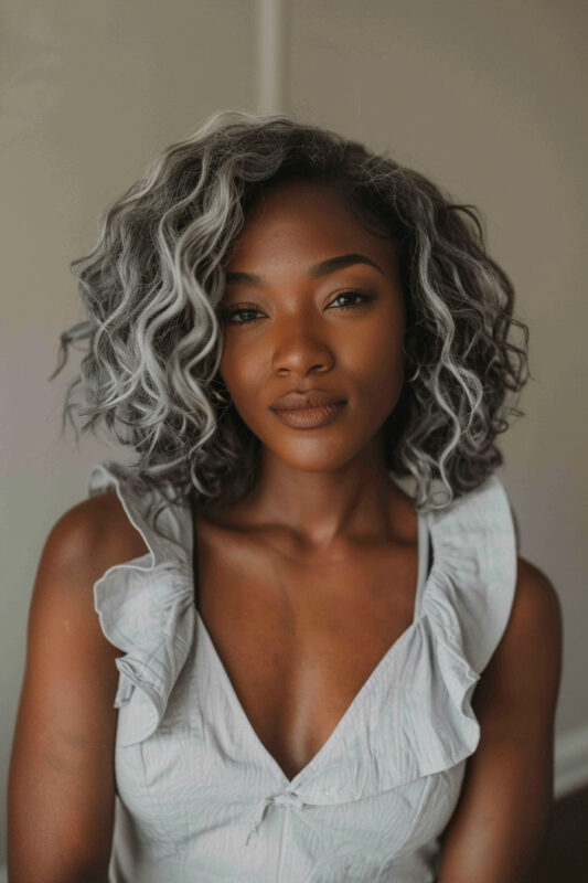 Woman with natural curly silver hair.