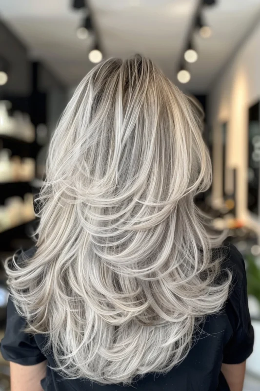 Woman with feathered silver hair.