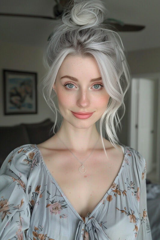 Woman with silver hair in an updo.