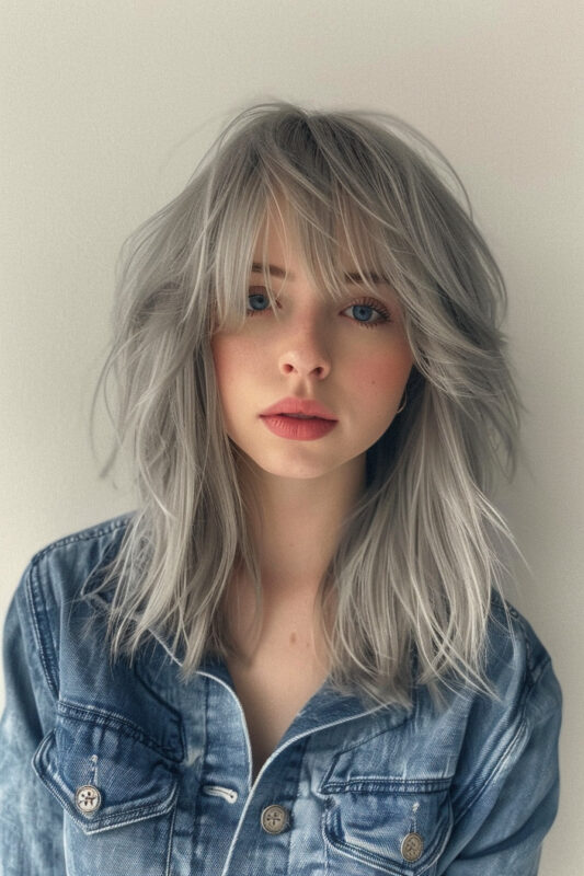 Woman with shoulder-length silver hair and bangs