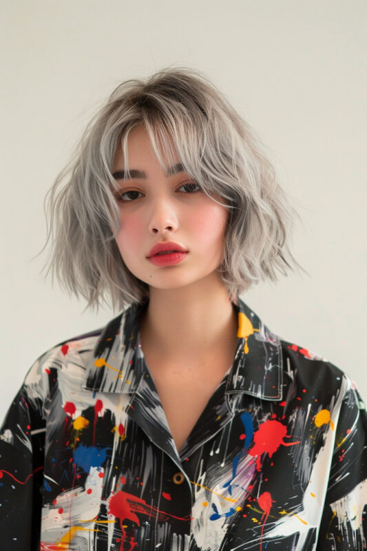 Woman with a silver layered bob and bangs