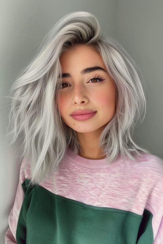 Woman with shoulder-length wavy silver hair