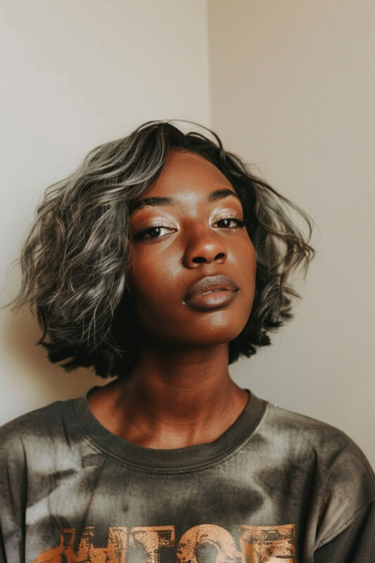 Woman with a messy silver bob haircut