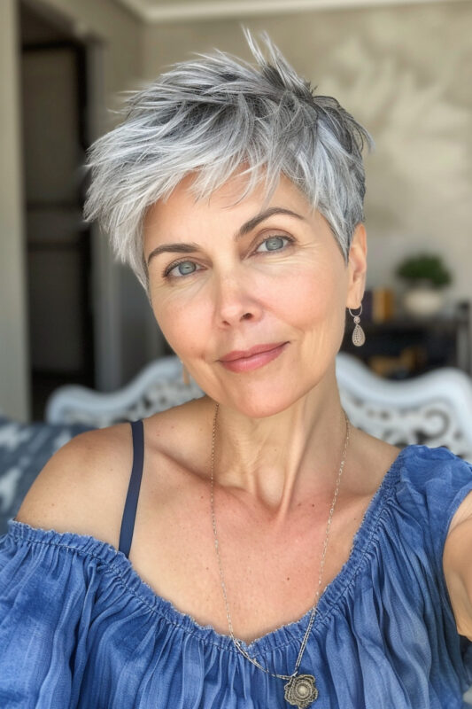 Woman with a silver pixie haircut