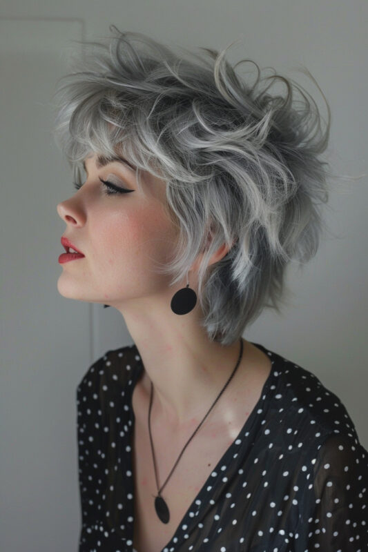 Woman with a textured, shaggy silver haircut