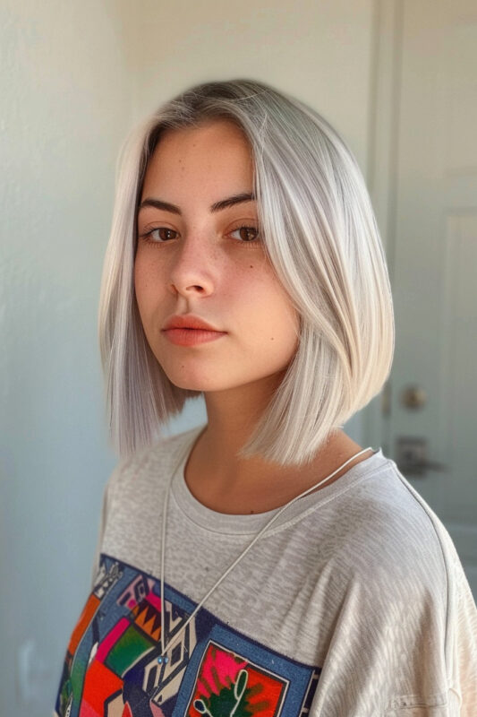 Woman with a sleek, straight short silver bob